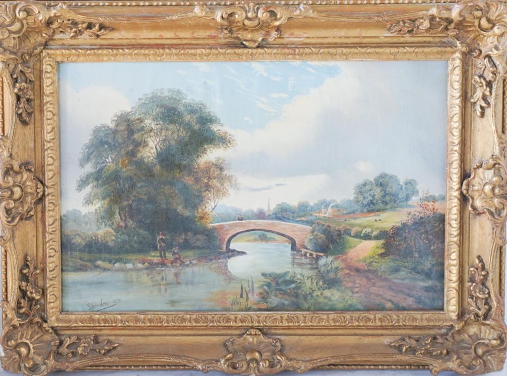 British School: Signed ÒSpondon 1870Ó likely for the town of Spondon England. Oil on canvas, the piece is very nicely executed river landscape with figures fishing along riverbank and town in distance. Some slight