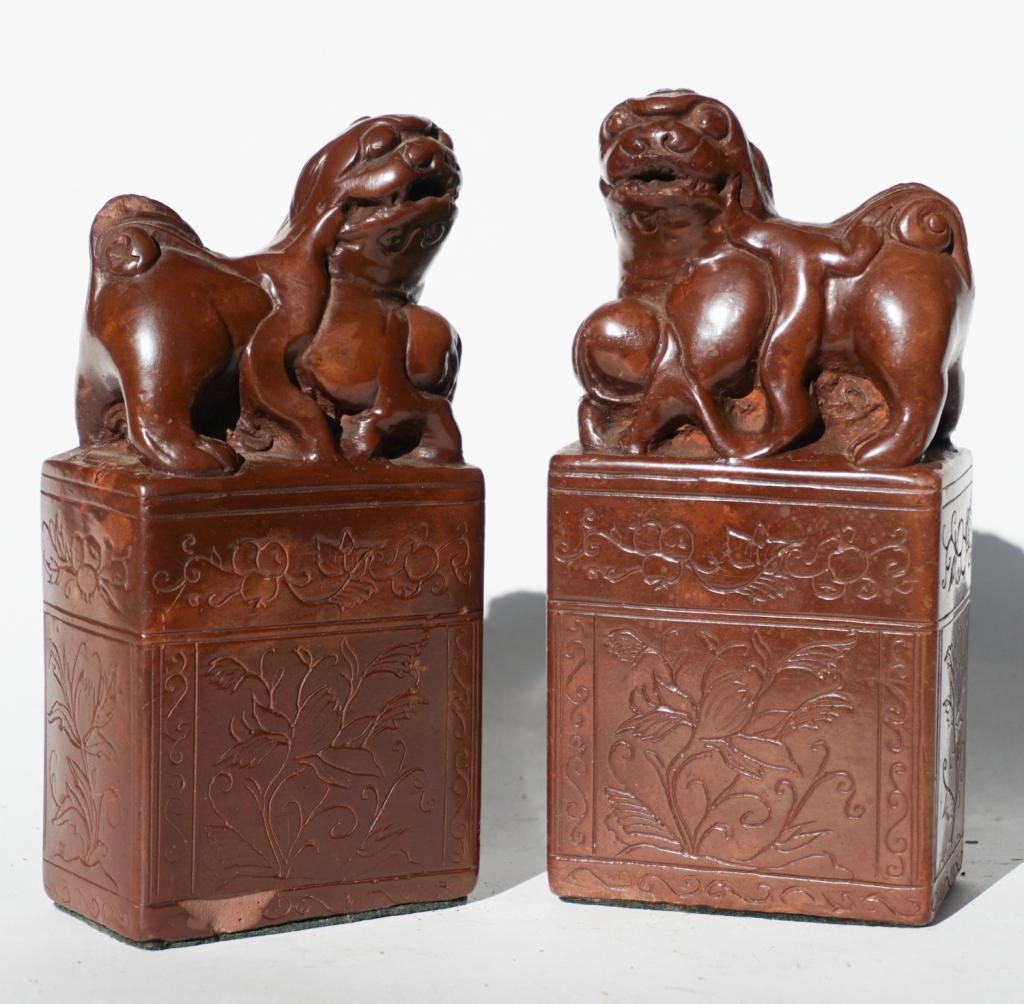 Pair Chinese Shoshone or Soap Stone Lion Seal Book (1 of 2)