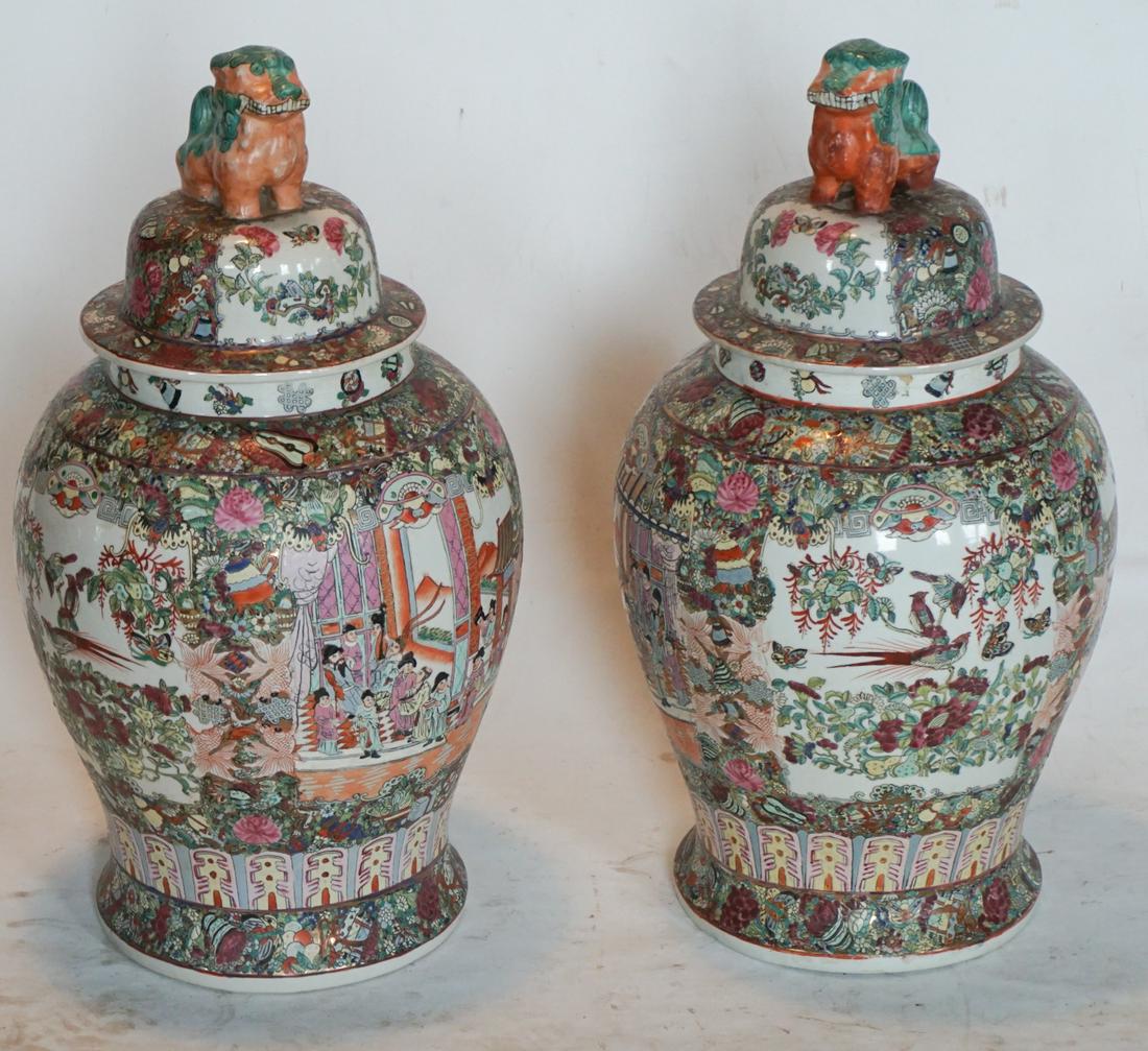 Pair Vintage Rose Medallion Lidded Palace Urns (1 of 4)