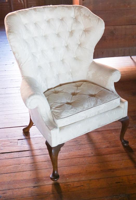 Baker Queen Anne Mahogany Wing or Easy Chair: Upholstered chair having an elegant frame with nicely proportioned design. Labeled under the seat. Good study condition fabric is in good shape. H47" W37" D32" Sold from the collection of a prominent 
