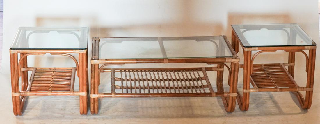 Mid Century Bamboo Glass Top Coffee & Side Tables (1 of 2)