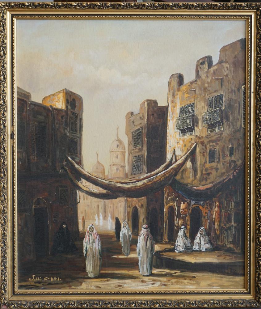 Persian School: Circa 1950. Oil on canvas city scene, likely Saudi Arabia, signed illegibly lower left. Good overall condition. H24" W20 1/4" Sold from the collection of the late John "Jack" C. West Jr , Camden, Sout