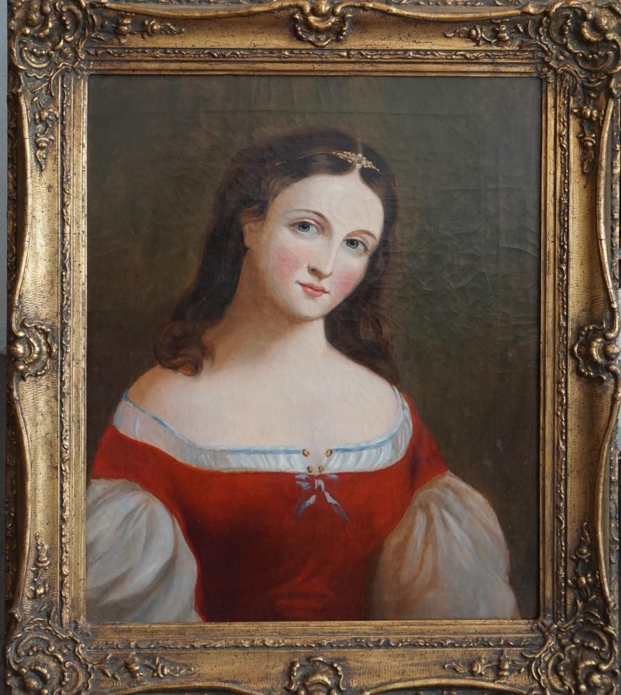 Manner of Thomas Sully: (America, 1783-1872) Circa 1820. American school oil on canvas portrait of a young woman with glowing features. The piece is housed in a period gilt frame. Good overall condition, the piece looks to h