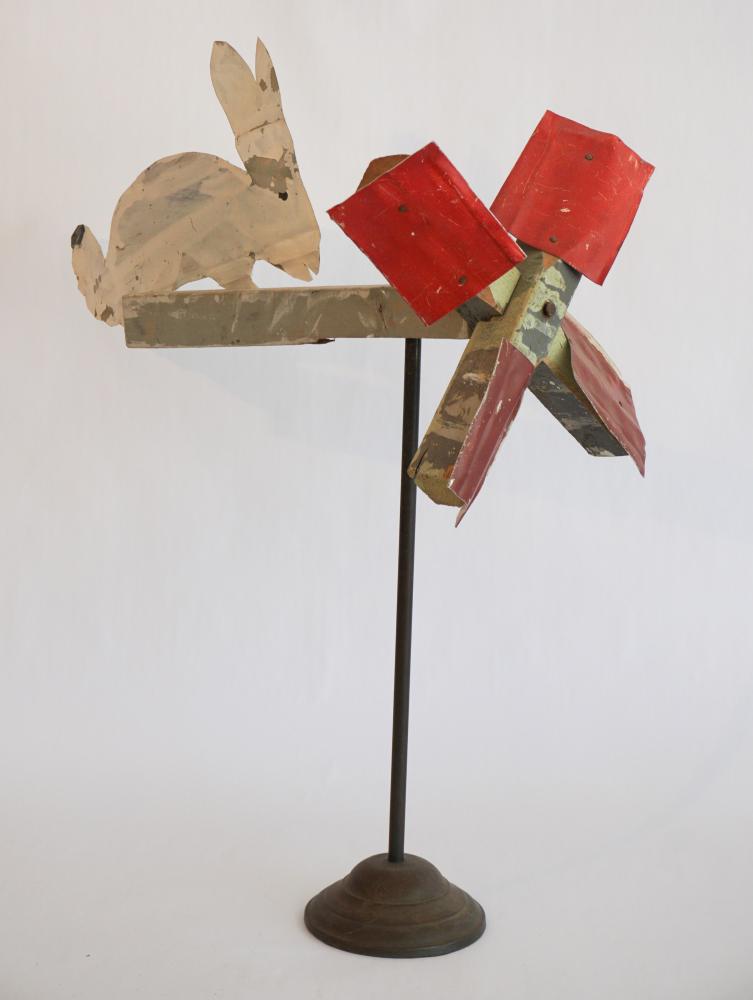 R.A. Miller Outsider Art Painted Whirligig: (Georgia, 20th century) The piece having an interesting cut tin construction with wood frame atop bronze stand, signed on the side. H29" L25" Sold from the collection of a Beaufort gentleman.