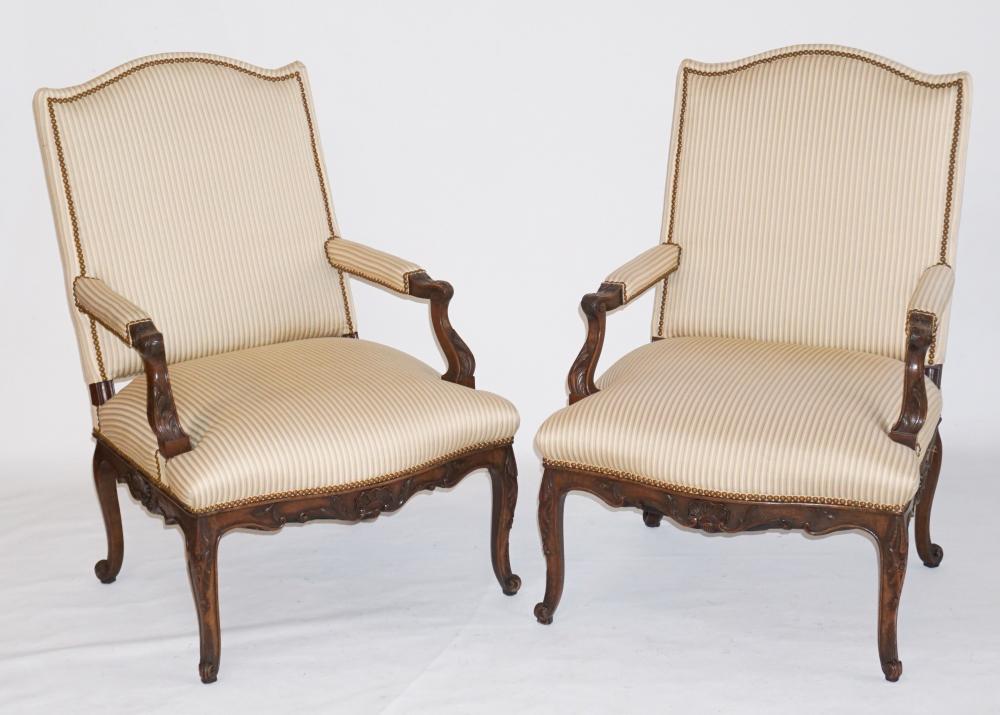 Pair FrenchUpholstered Walnut Open Arm Easy Chairs (1 of 2)