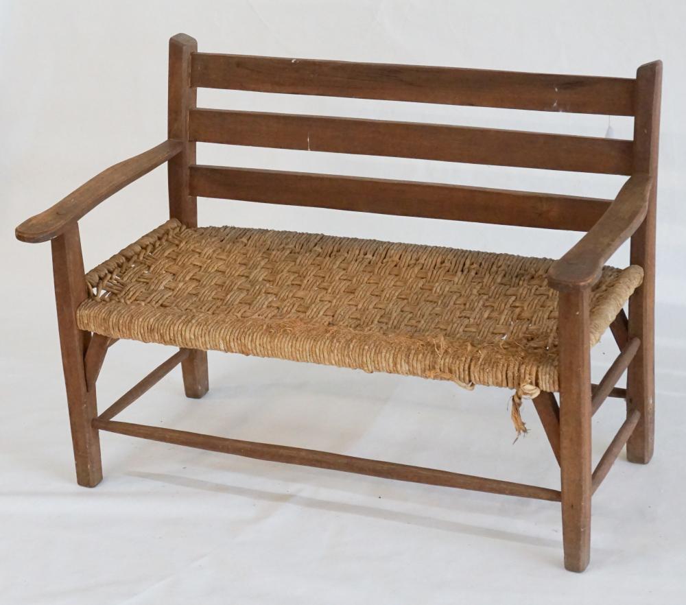Southern Hand Craft Settee by the Hunter Family: Circa 1950, Kershaw County, South Carolina. The piece having a mixed wood frame of poplar and red oak. The tightly woven corn husk seat looks to be original with some slight fraying and loss, otherwis