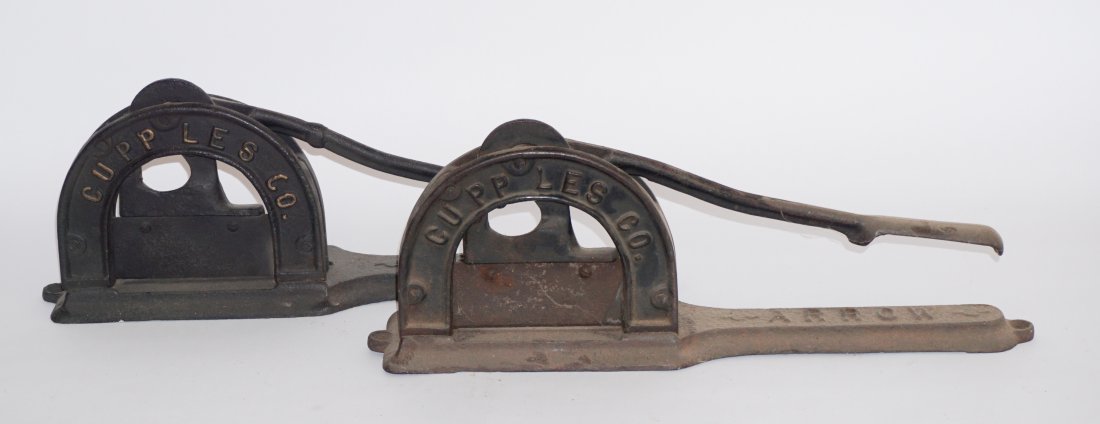 Two Antique CI Advertising Tobacco Plug Cutters: Each marked Arrow and Cupples Co. One having a nice gold painted lettering to the surface. L18 1/2" Sold from the collection of a Greenville, South Carolina couple.