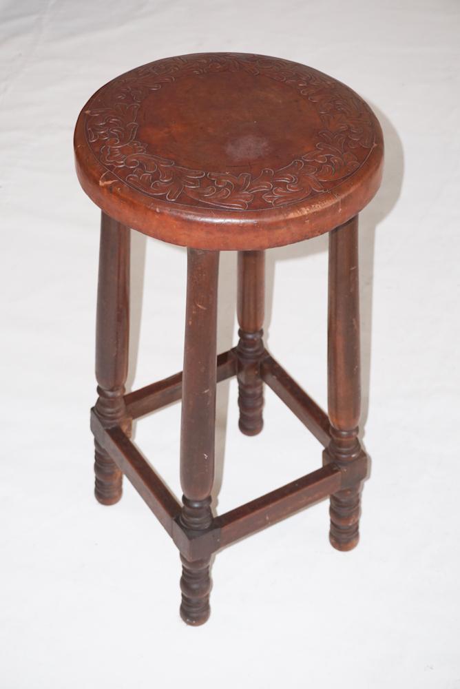 Antique Embossed Leather & Mahogany Stool (1 of 1)