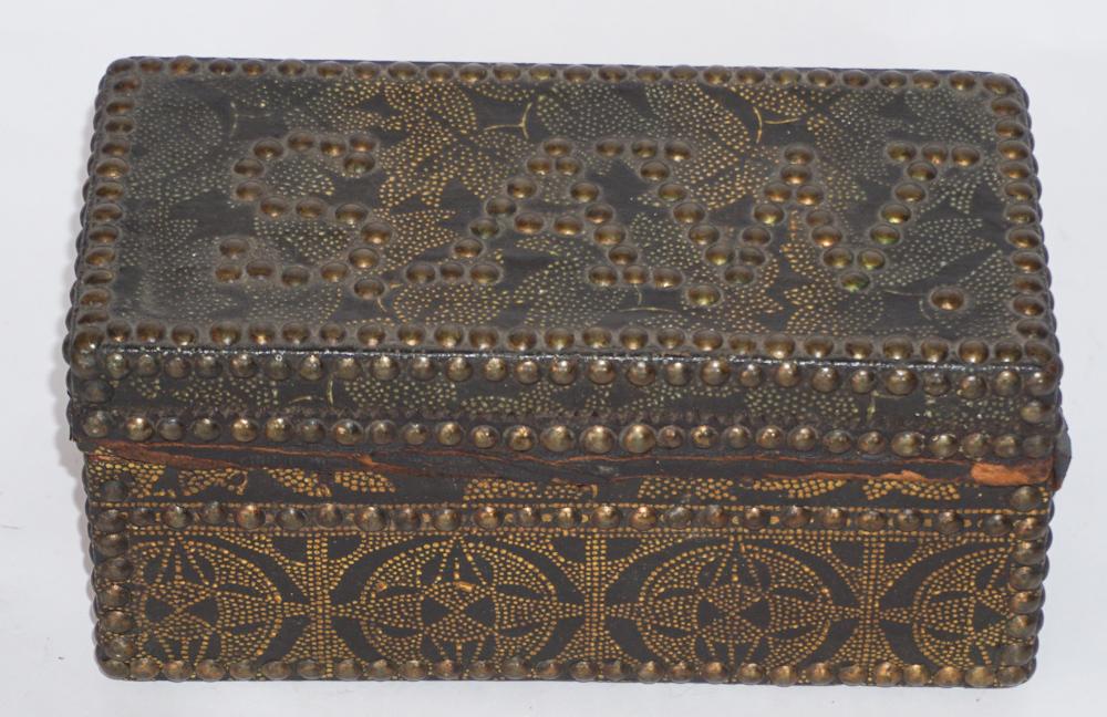 Antique Leather & Brass Tacked & Stippled Box (1 of 2)