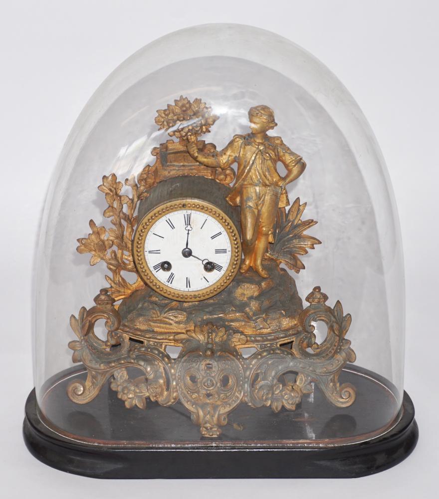 Antique French Gilt Metal Clock Under Dome (1 of 2)