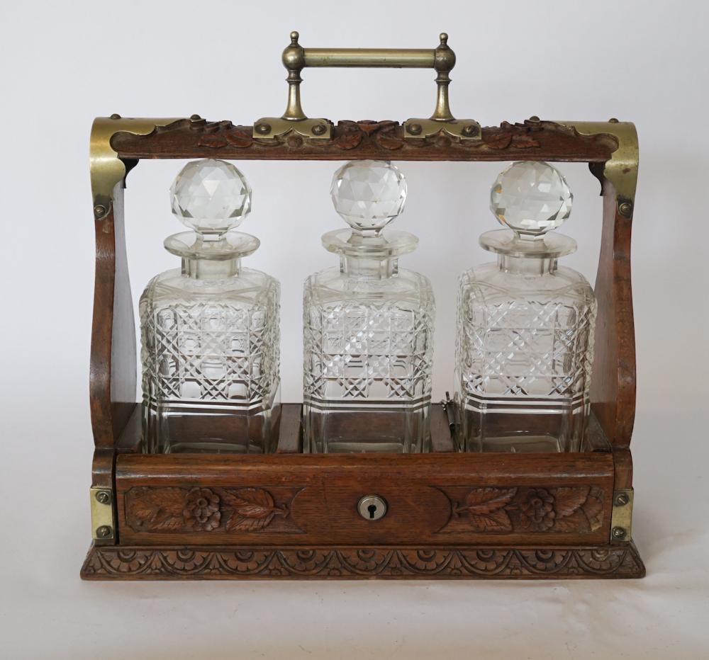 British Arts & Crafts Oak & Nickel Silver Tantalus (1 of 3)