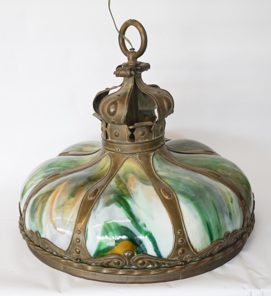 Arts & Crafts Brass Slag Glass Hanging Club Lamp (1 of 1)