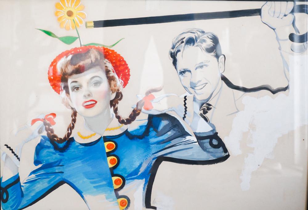 William Rose: (Pennsylvania, b. 1909) Watercolor on board of Judy Garland and Mickey Rooney illustration for American Weekly. Very nicely framed and matted acid free. With full margins 23" x 29 1/2" Sold from the p