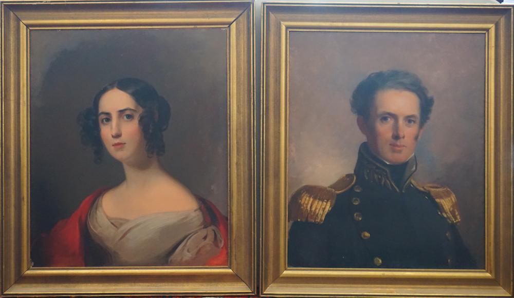 Thomas Sully: (South Carolina/Pennsylvania/England, 1783-1872) Pair of exceptional portraits. US Navy Captain John Gwinn and his wife Marry of Maryland. Exceptionally rendered examples of the young couple by one of