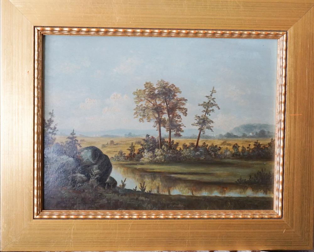 American School: Likely Mid 19th century. Very nicely executed oil on board summer meadow with river and structures in distance in the Hudson River School style. No apparent signature detected. H8 1/8" W11 1/2" (witho