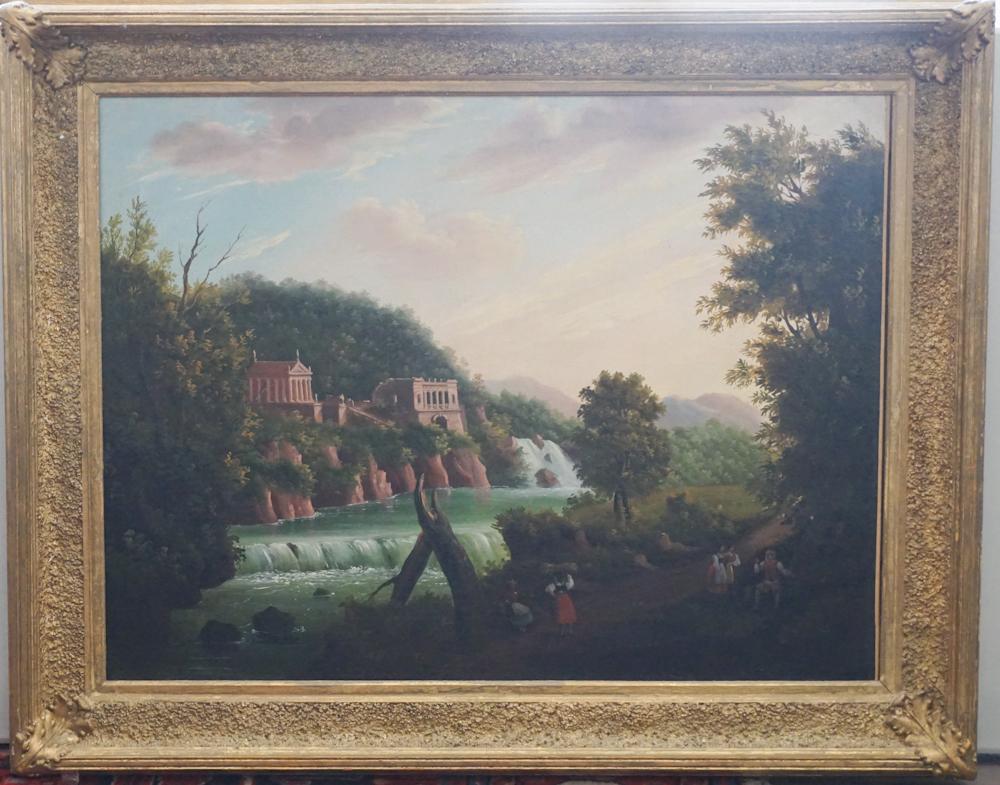 British School: Circa 1850. Very nicely rendered piece in the classical style featuring a structure along the river side with waterfall and rapids along with figures at path next to the river. No apparent signature.