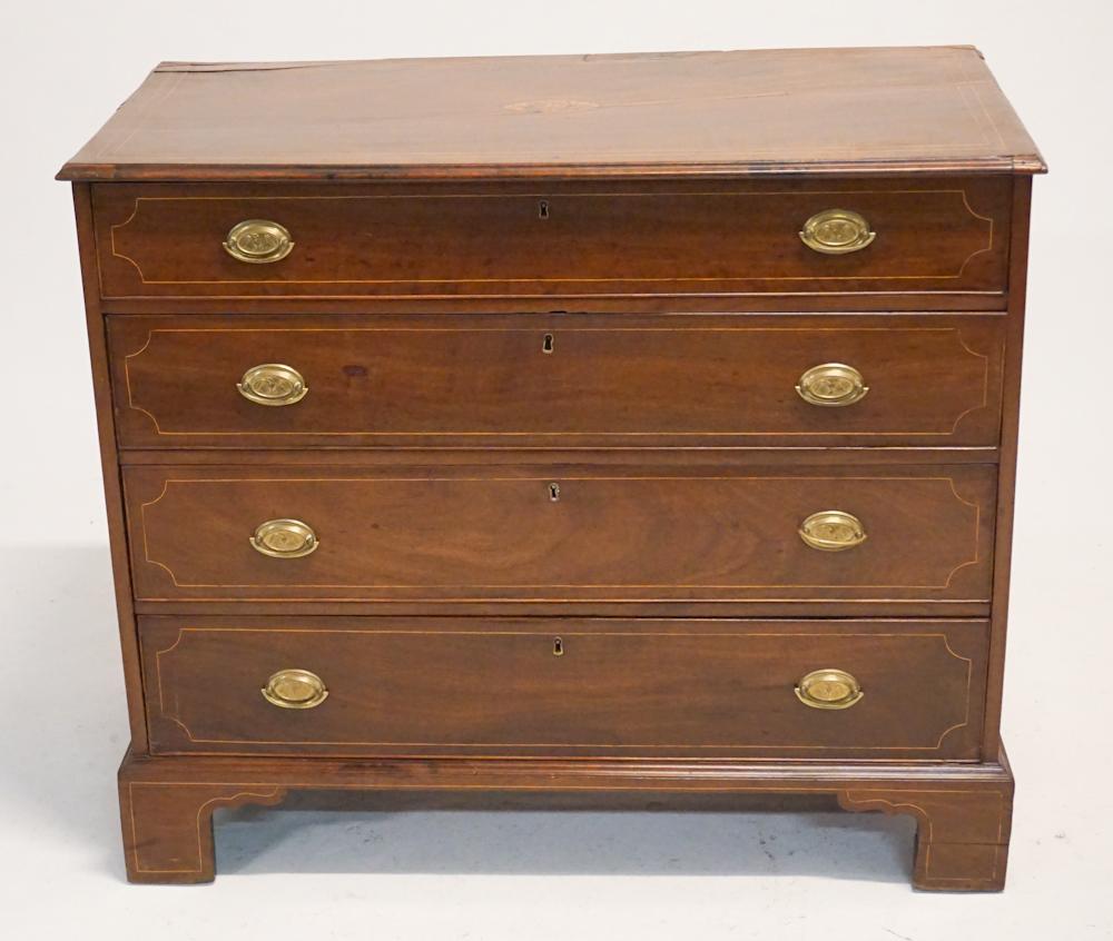 British George III Inlaid Mahogany Chest: Circa 1790. Having a thin top with molded edge centered by inlay of shore bird above four slightly graduated and banded drawers all resting atop a bracket foot. H36" W42" D21 1/2" Sold from the collec