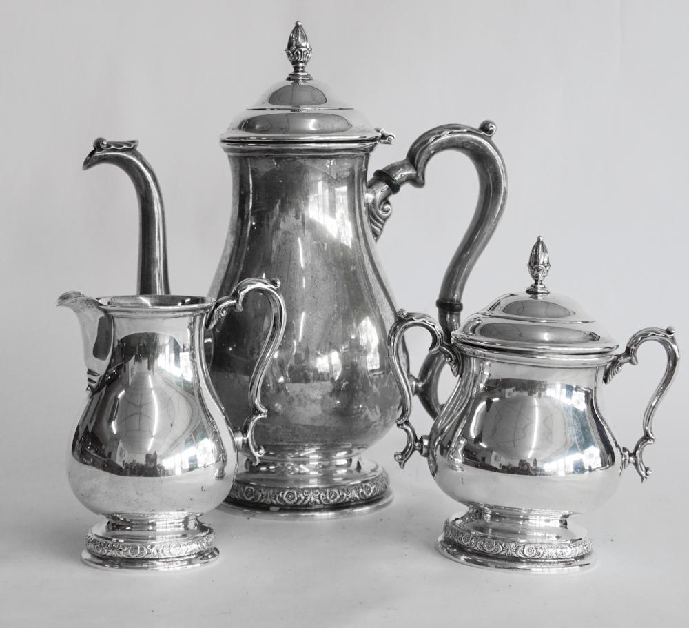 International Sterling Silver Prelude Service: Coffee or tea service in very good condition unmonogramed and well cared for. Tallest: H10 7/8" 1261 grams standard