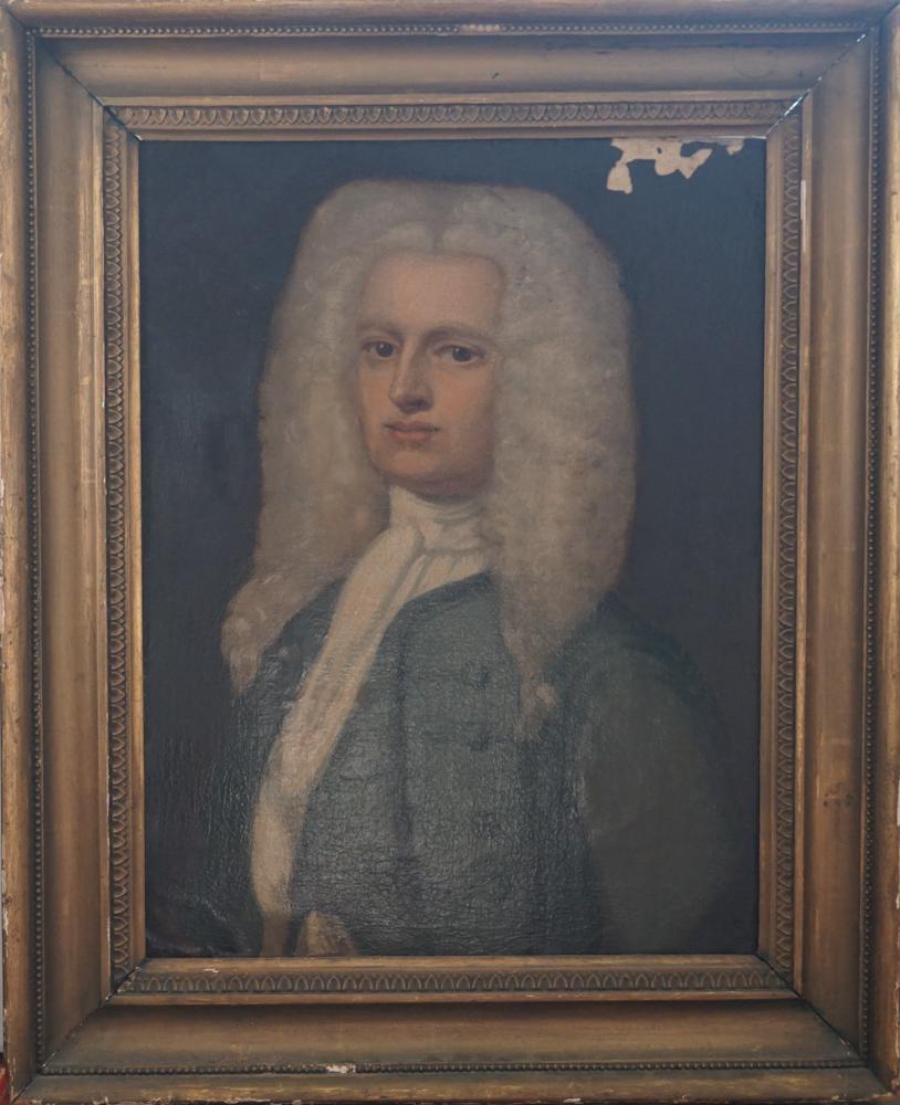 American or British School: Circa 1750. The piece is nicely Folk rendered. The face has been well executed and the hair and clothing is rather folky. The piece has not been relined and is in very original condition. Amateur atte
