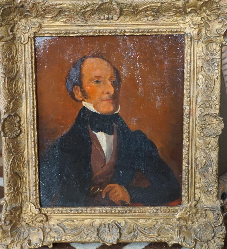 American or British School: Mid to late 19th century. Portrait of a scholarly gentleman with monocle in hand. The piece is framed in a period frame and has been painted on board. Framed: H19" W16" Sold from the collection of a S