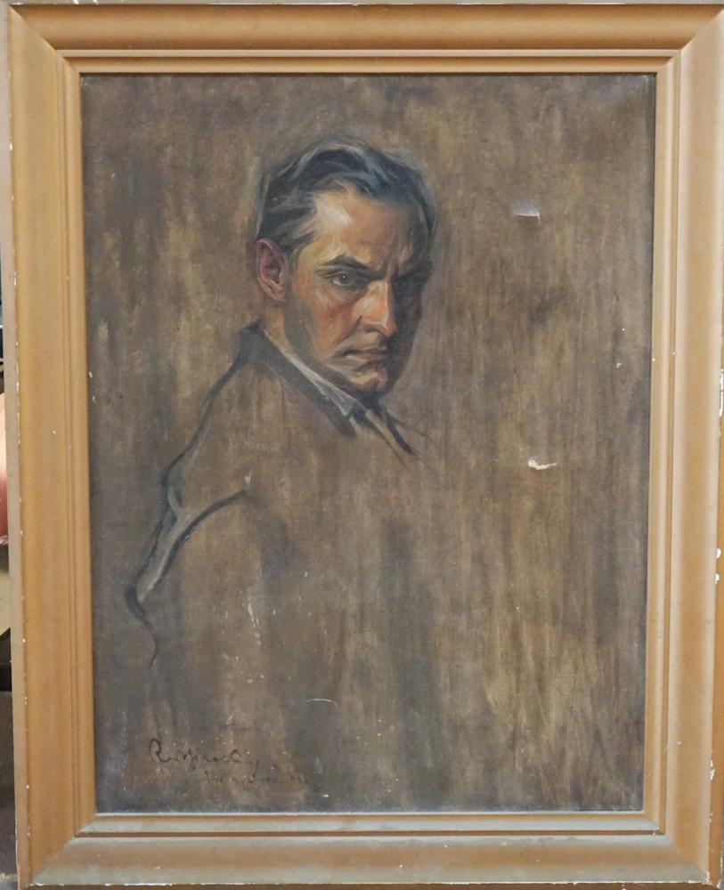 Rudolph Kiss: (California/Hungary, 1898-1953) Oil on canvas likely self portrait, signed lower left. Some scattered abrasions and loss to surface along with a 1/8" hole in the forehead of the subject. Kiss is regar