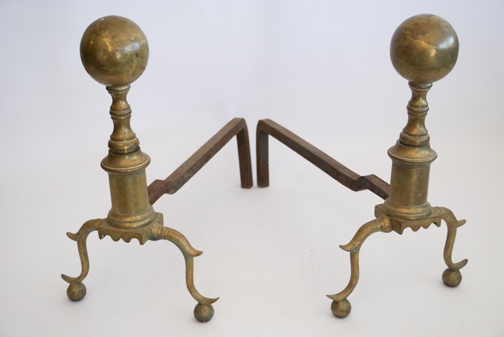 Good Pair Neoclassical Turned Brass Andirons (1 of 2)