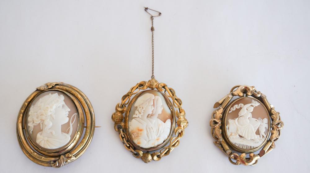 3 Victorian Carved Shell Cameo Mourning Brooches (1 of 1)