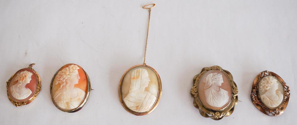 Five Antique Victorian Carved Shell Cameo Brooches (1 of 1)