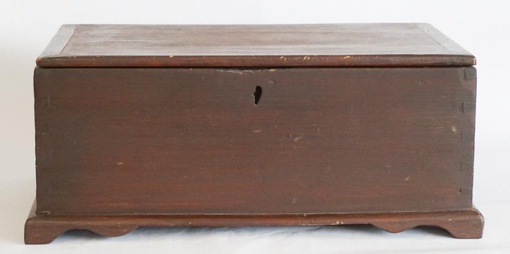 Country Hepplewhite Poplar Travel Locking Box: Circa 1820. Having a hinged top opening to fitting insert having a dovetailed case atop shaped foot and base. H10 1/4" W25" D15"