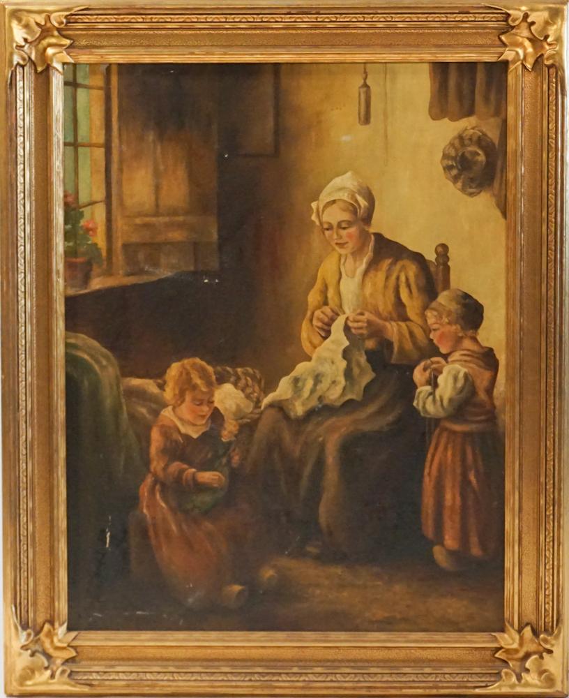 American or British School: Late 19th Century. Oil on canvas of mother sewing with her daughters. Nicely rendered piece, no apparent signature. Housed in a handsome period gilt gesso frame. H33" W26 3/4" Sold from the collection