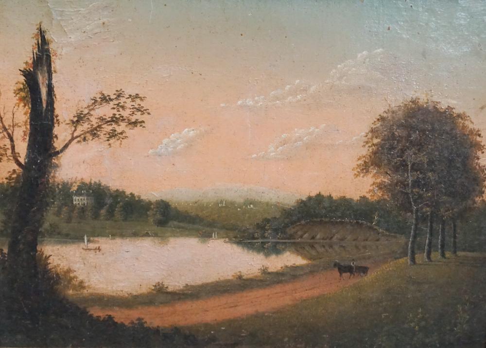 American School: Mid 19th century. Oil on canvas folk art landscape of lakeside home with boy in horse drawn wagon on path and boats in the lake. Hudson River style work. No apparent signature. Some slight inpaint at 