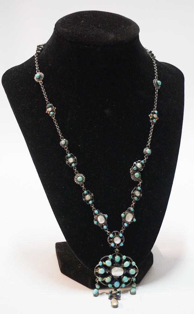 Vintage Sterling Turquoise, Pearl & EnamelNecklace: Early 20th century, likely Belgium. Very nicely fashioned with handsome enamel works at front and backside along with pearls and turquoise stones inset. Good overall condition. L12 1/2" 38 grams stand