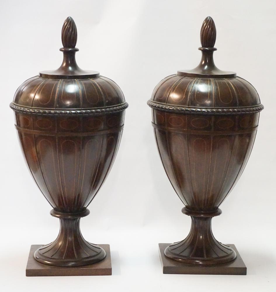 Pair British Edwardian Inlaid Mahogany Lidded Urns (1 of 5)