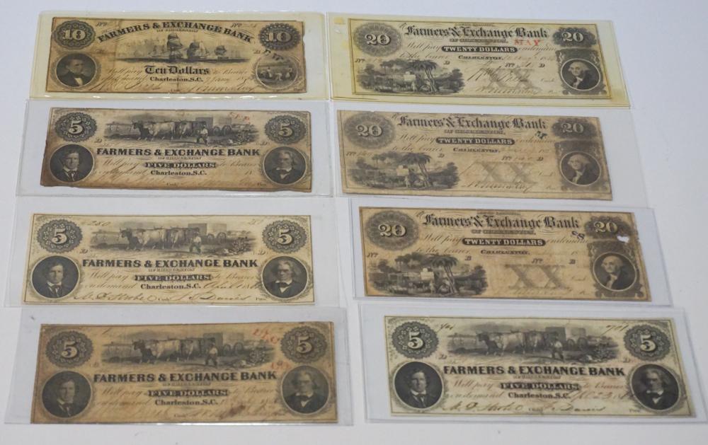 Collection Antique Charleston South Carolina Bills: Farmers Exchange Bank dating to the mid 1850s. Three $20 bills, One $10 bill and four $5 bills. All in good overall condition with wrinkling and staining consistent with age. Sold to benefit the Sumte