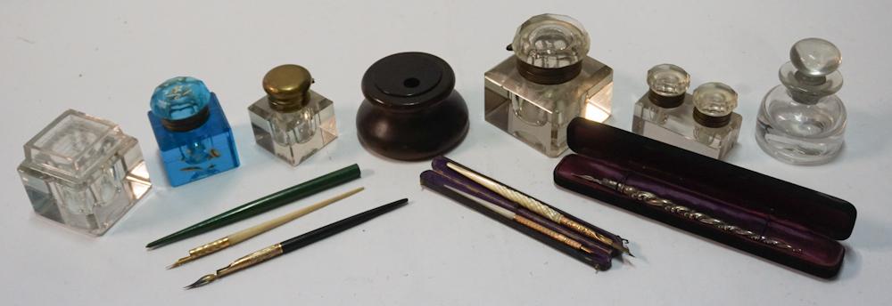 Collection Antique Glass Inkwells & Pens (1 of 4)
