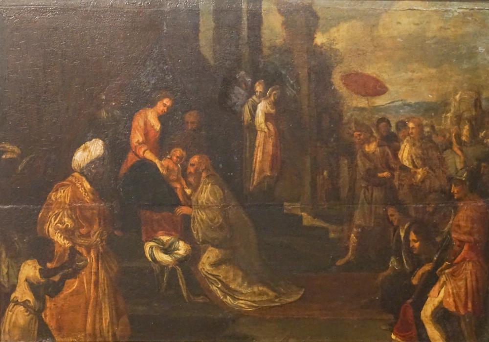 Old Master School: 17th century. Italian old master work oil on board depicting christ child being presented at temple. The piece having scattered inpainting consistent with age as blacklight image indicates. No apparen