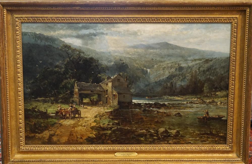 Attributed to Andrew Melrose: (New Jersey/California, 1836-1901) Oil on canvas titled. "Mill Scene on the Potomac." The piece bearing the gallery label the Charleston Renaissance Gallery on verso. H21 1/2" W35" (without frame) Pur