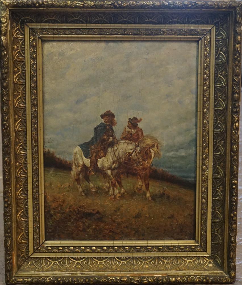 Continental School: Late 19th Century. Oil on board of horseman in field signed lower right illegibly and dated 1881. Housed in period frame. Framed: H18 1/2" W15 1/2"
