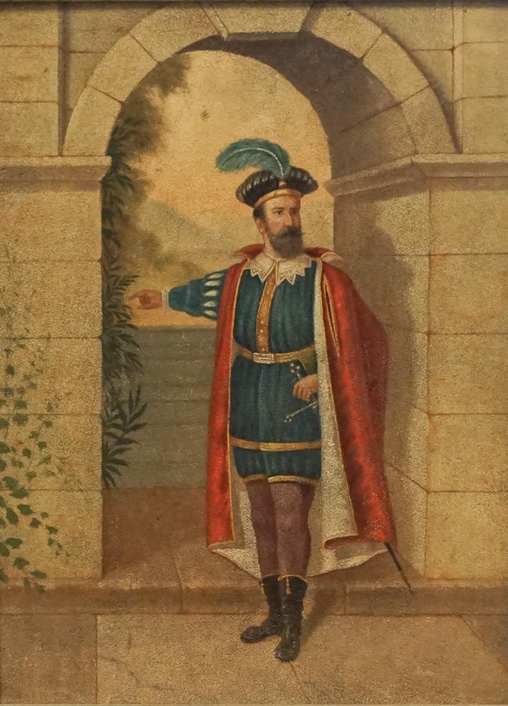 Continental School: Late 19th century Oil on board portrait of nobleman standing in stone doorway. Unsigned. H12" W9"