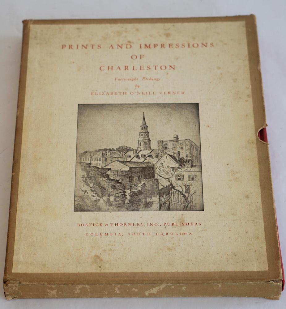PRINTS AND IMPRESSIONS OF CHARLESTON: Bostick & Thornley, Columbia, 1939. 1st edition, #437/1500, signed by author. (slipcase, gray cloth boards/red cloth spine, 9.25x12.5”, unpaginated, presentation inscription fep â€œXmas 1939
