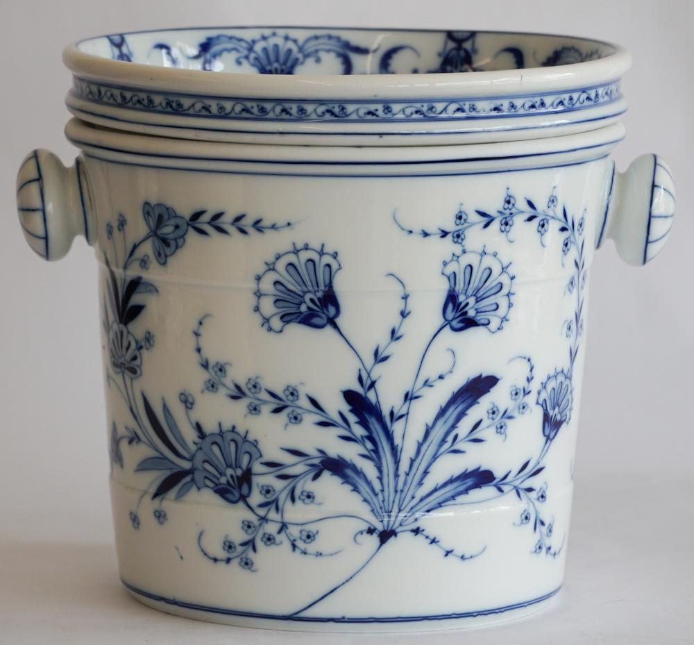 Vintage Blue & White Meissen Style Spittoon: or Wine Cooler. Early 20th century, likely German. No markings detected for the maker. The piece has a bold and well detailed blue decoration to the body. Good condition throughout. H10 1/2" W13" Sold