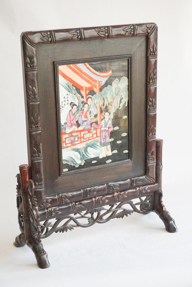 Chinese Carved Softwood & Porcelain Table Screen (1 of 1)