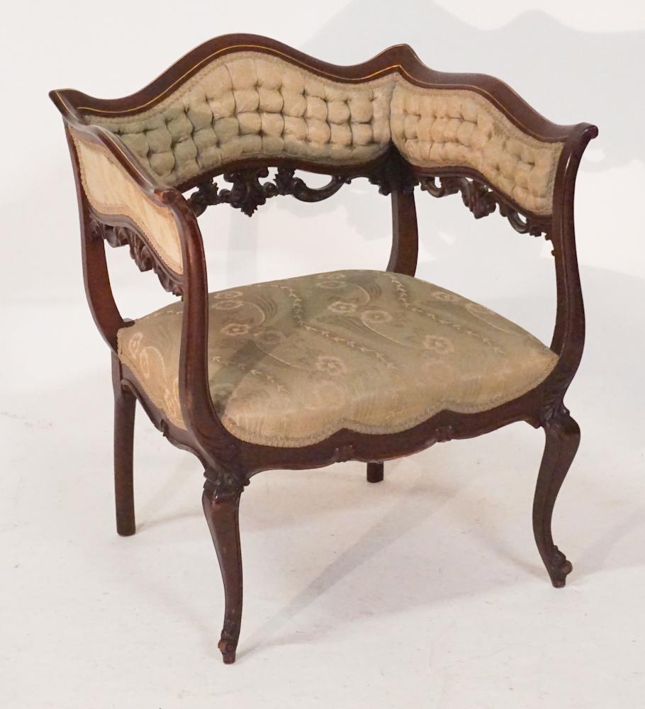Edwardian Carved & Inlaid Mahogany Easy Chair: Circa 1900. Having a nicely carved frame with banded upper edge and nicely upholstered back and seat. Good sturdy condition. H30 1/4" W27" D21" Sold from the collection of a Columbia lady and gentlema