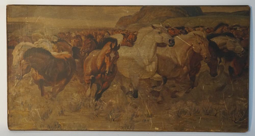 Vintage Chrysler Advertising Piece: Stampede lithograph laid down on masonite by James Clymer. The piece was produced to hang in Chrysler dealerships and on verso has a label reading, " A merry Christmas and a Happy and Prosperous New Y