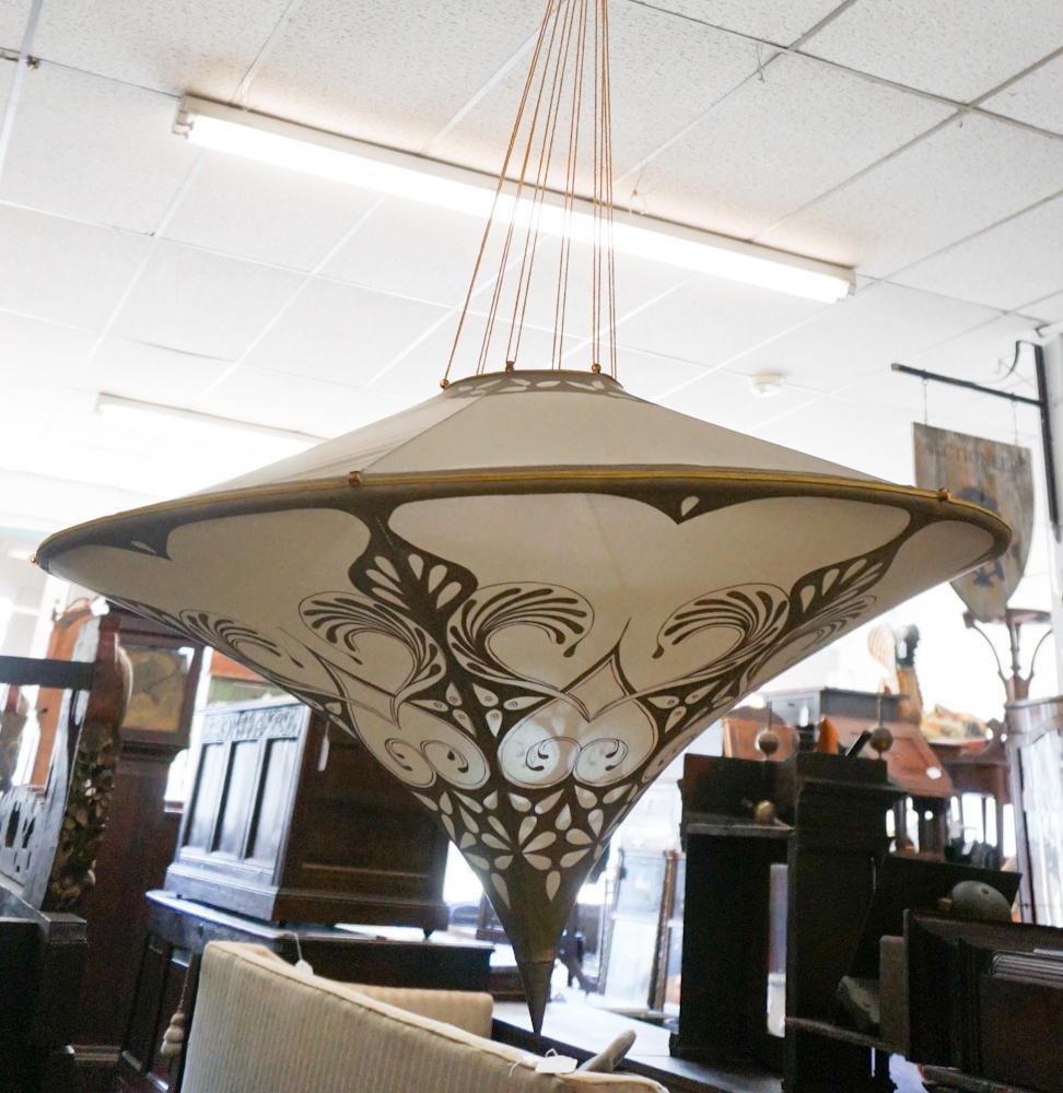 Elegant Custom Silk Hand Dyed Light Fixture: 21st century, Feneri designs by Sloan Miyasato, California. Charmingly fashioned light hung from ceiling by woven rope and accompanied by original drawing schematic. W31" H16" (without ropes) Sold fro