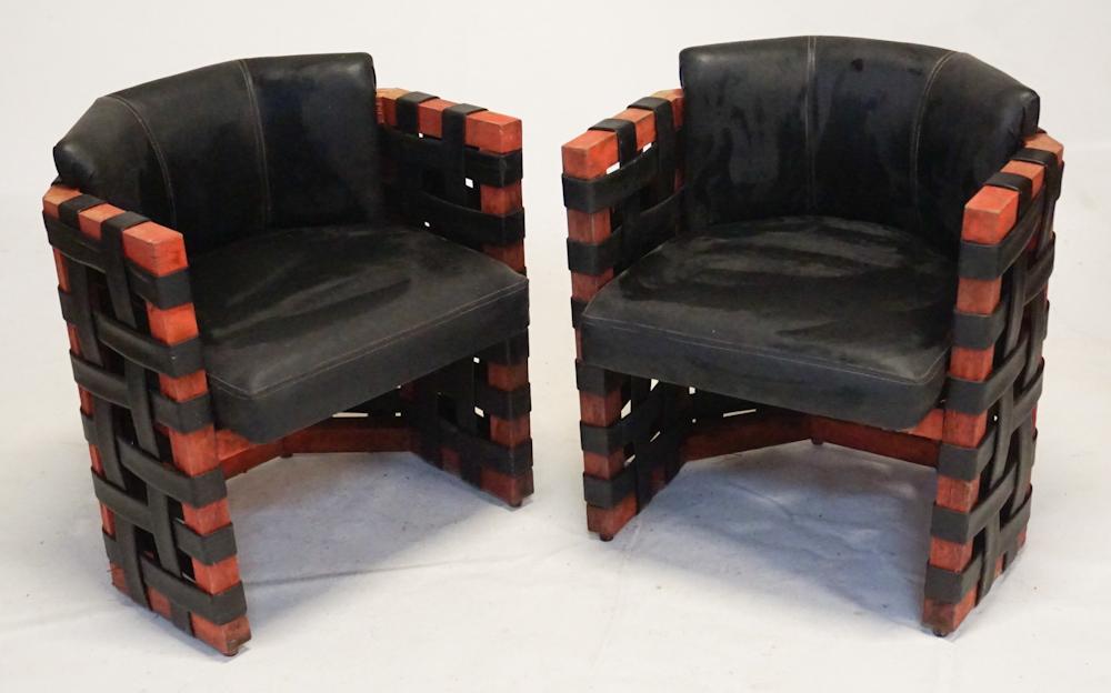 Pair Elegant European Art Deco Leather Arm Chairs (1 of 2)