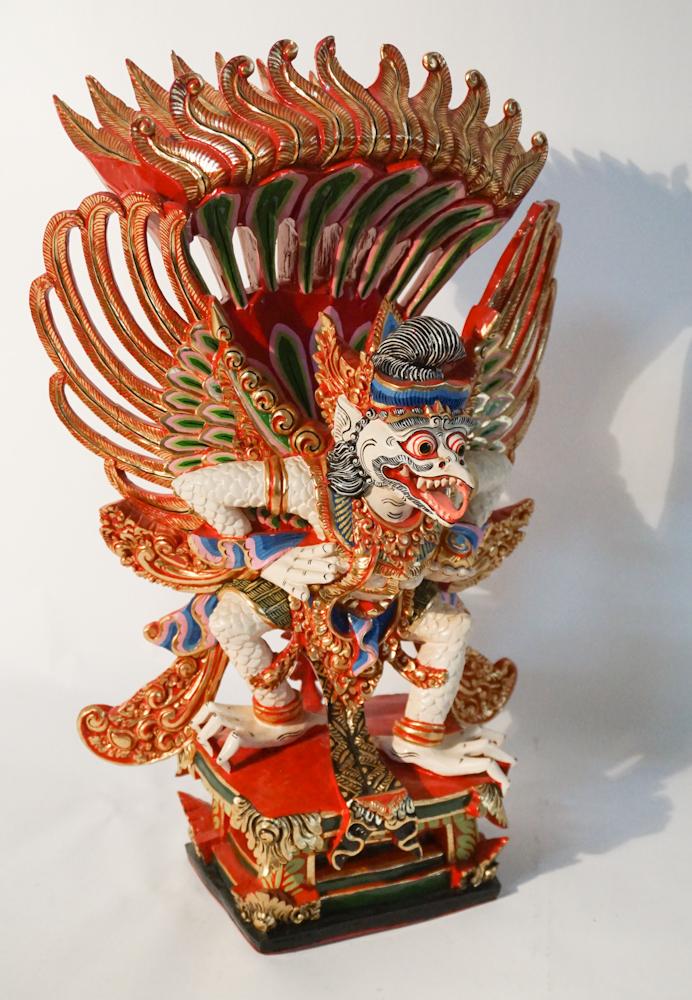 Vintage Oriental Buddhist Carved& Polychrome Deity: 20th century. Hand carved and painted piece having vibrant and brilliant colors throughout and nicely detailed carving. Good well cared for condition. H19" Sold from the collection of the French famil