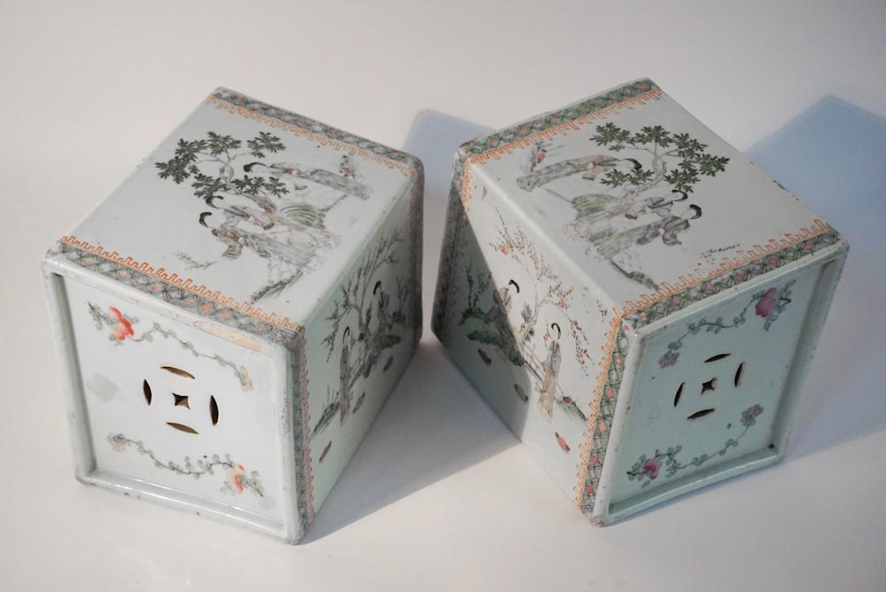 Pair Chinese Famille Rose Porcelain Pillows: Qing period. Having a white glazed ground with nicely hand decorated body at all sides. One of the pieces has an early restoration at one corner edge, otherwise in good overall condition. One piece ha
