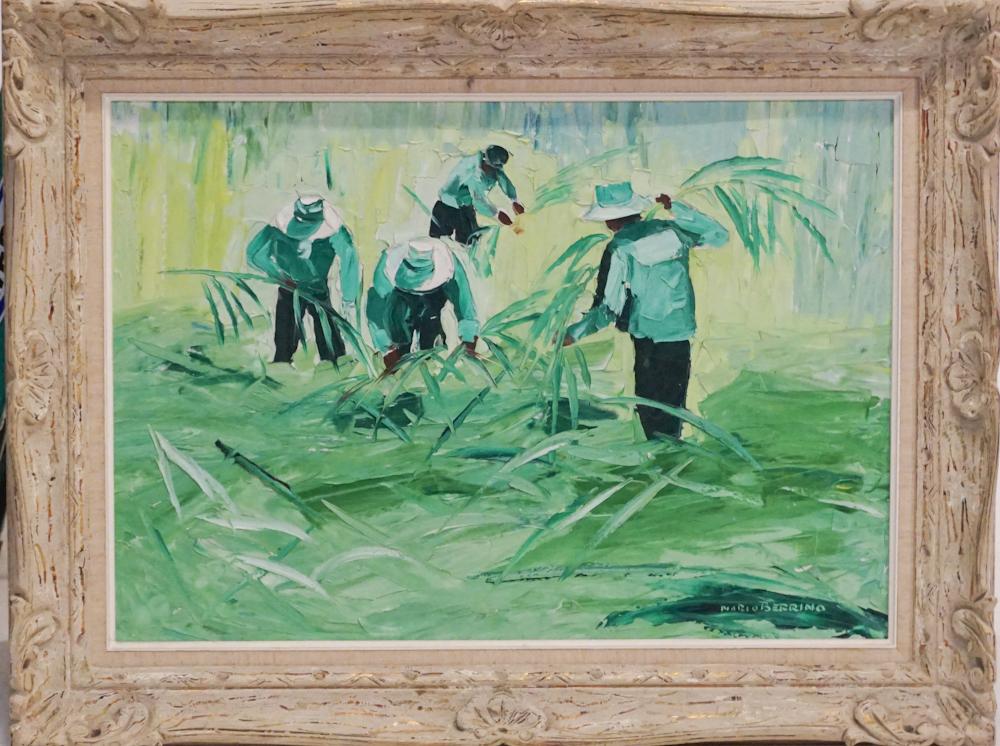 Mario Berrino: (Italy, 1920 - 2011) Oil on canvas of men working sugar cane field, signed lower right. Housed in a charming polychrome frame. Good condition throughout. W26 1/2" H18 1/4" (without frame) Sold to bene