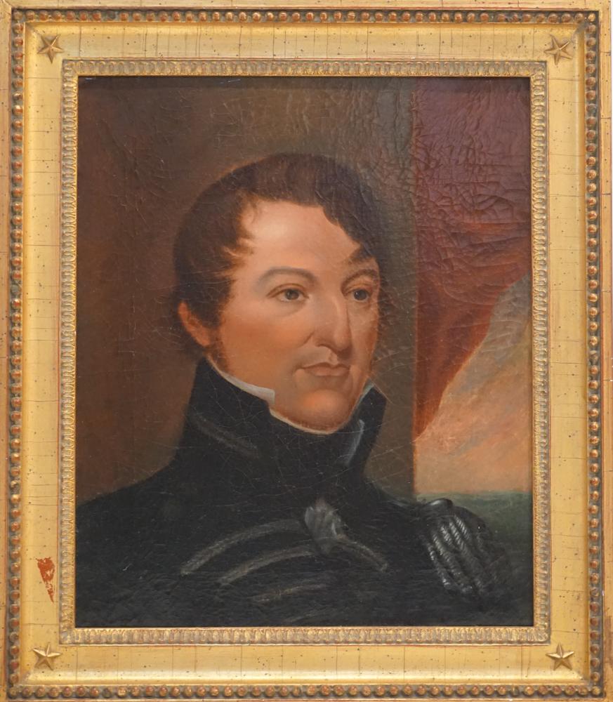 American School Portrait of Gentleman Soldier: Early 19th century. Portrait of a gentleman in military uniform. Nicely executed example with no apparent signature. The piece has been professionally conserved and re-lined. Framed nicely in a gilt f